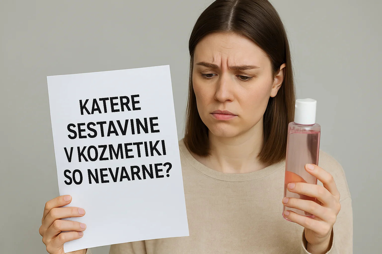 Ženska bere seznam nevarnih sestavin v kozmetiki